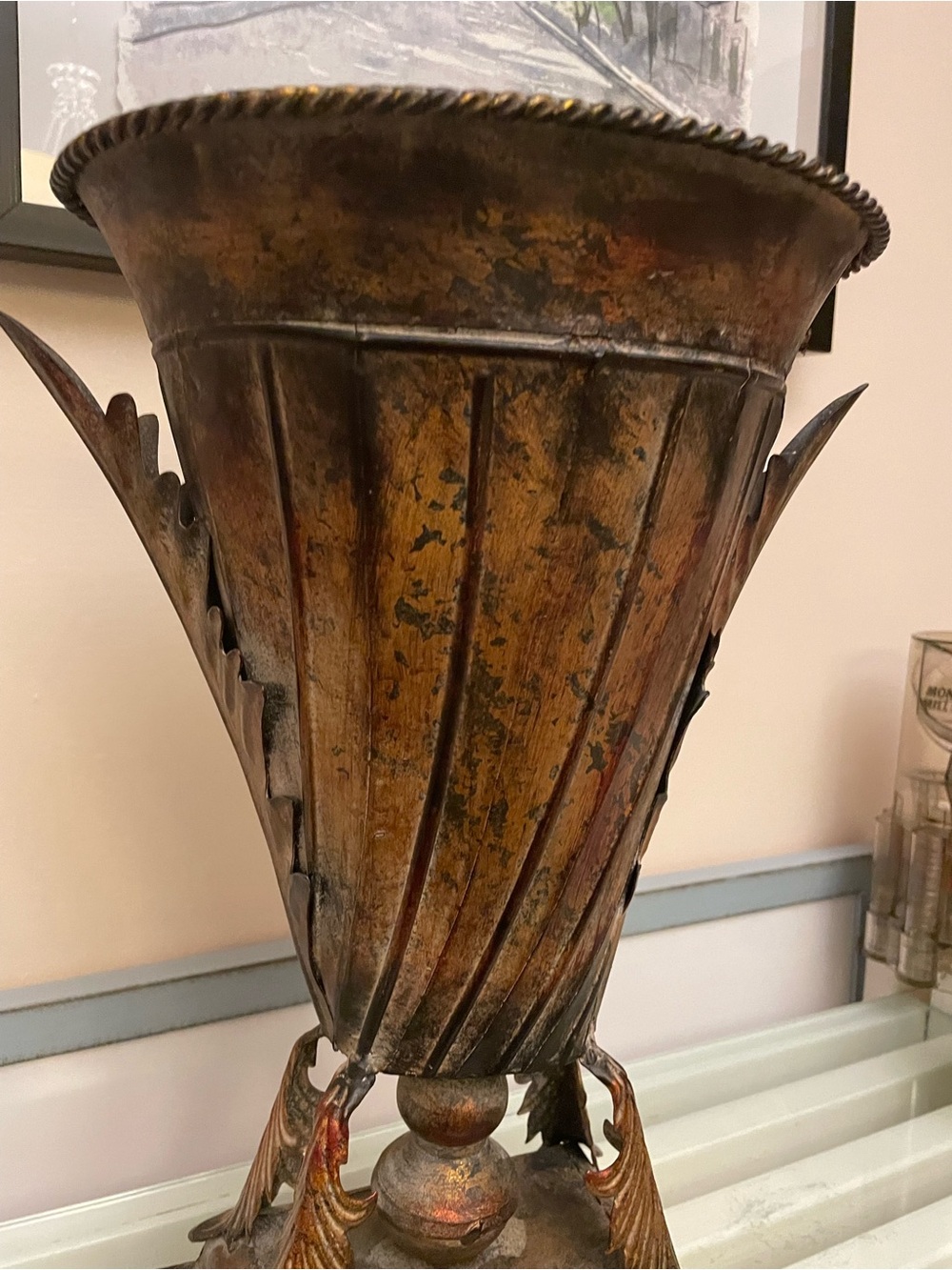 Vintage Vase decorative Lightweight Flared Ribbed body rustic Antique gold brown - Picture 7 of 9